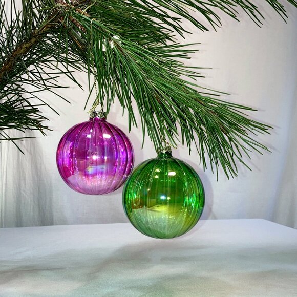 4 NIB Fluted Glass Y2K Globe Holiday Ornaments Purple & Green - Picture 2 of 7